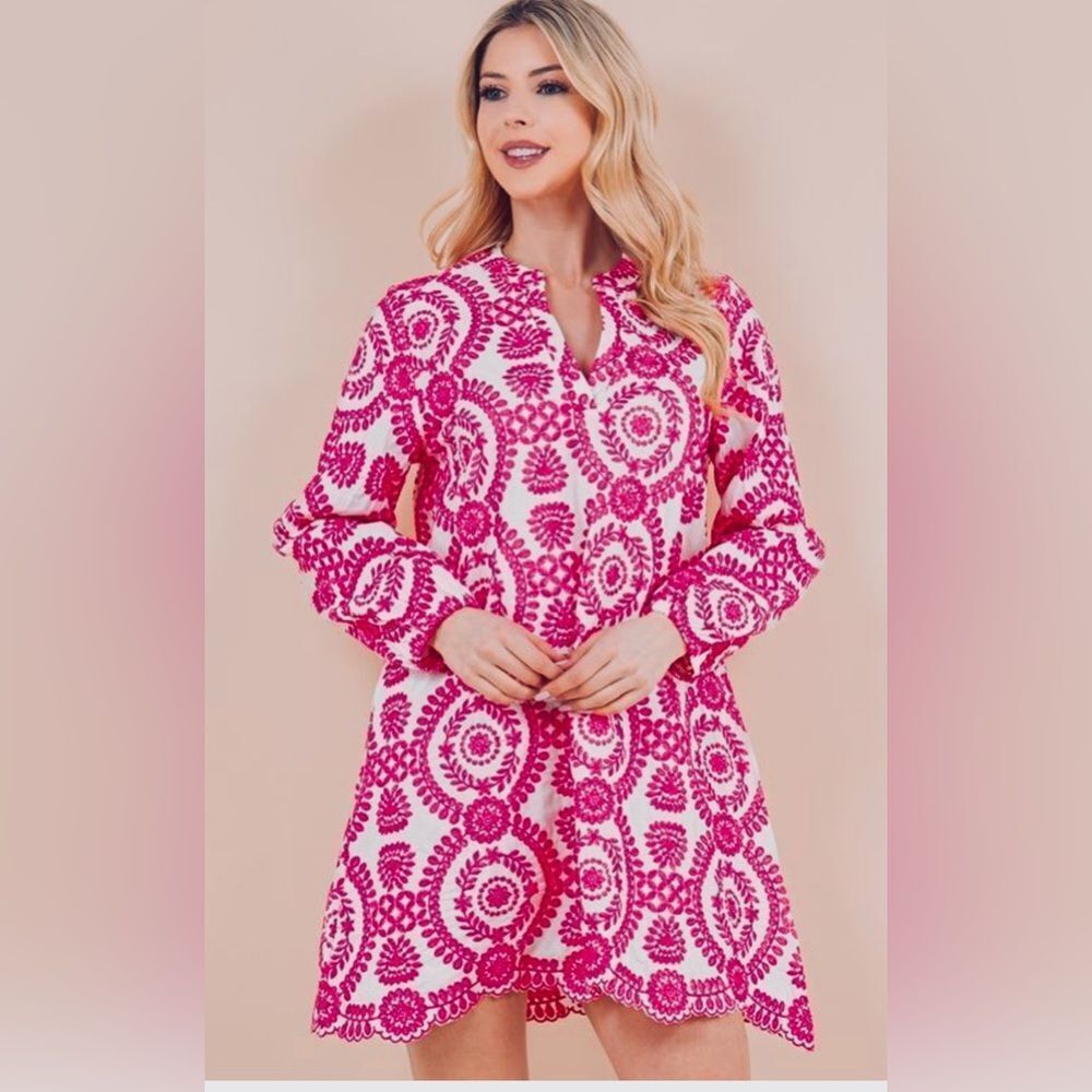White & Pink Embroidered Patterned Tunic/Mini Dress 2XL